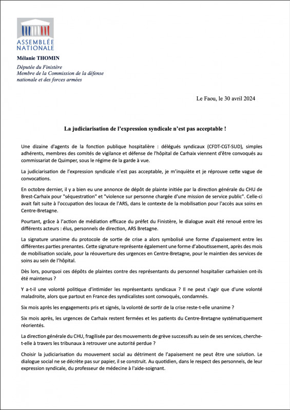 Hôpital de Carhaix : non à la judiciarisation de l’expression syndicale !